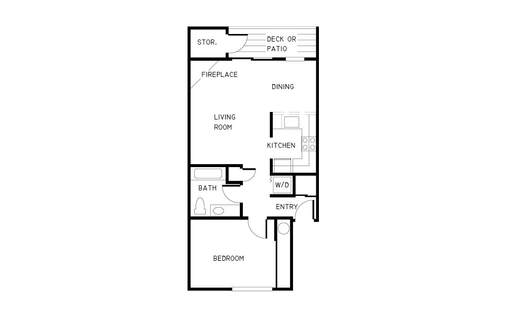 1x1 - 1 bedroom floorplan layout with 1 bath and 608 square feet.